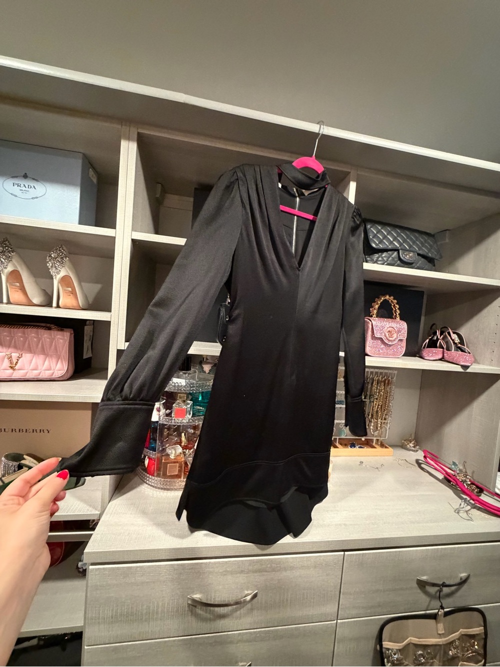 A.L.C. Black Long-Sleeve V-Neck Silk Dress